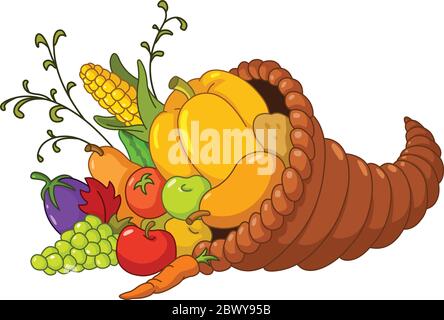 Corno di abbondanza. Cornucopia con frutta e verdura autunnali Illustrazione Vettoriale