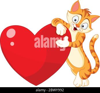 Carino gatto zenzero a righe inclinando e presentando un cuore grande Illustrazione Vettoriale