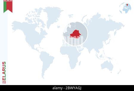 Mappa del mondo con ingrandimento sulla Bielorussia. Globo blu con bandiera bielorussa. Ingrandisci la cartina della Bielorussia. Illustrazione vettoriale Illustrazione Vettoriale