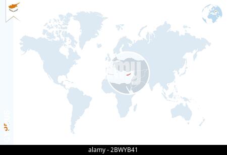 Mappa del mondo con ingrandimento su Cipro. Globo blu con bandiera Cipro. Ingrandisci la cartina di Cipro. Illustrazione vettoriale Illustrazione Vettoriale