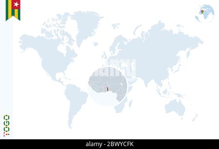 Mappa del mondo con ingrandimento sul Togo. Globo di terra blu con pin indicatore Togo. Zoom sulla mappa del Togo. Illustrazione vettoriale Illustrazione Vettoriale