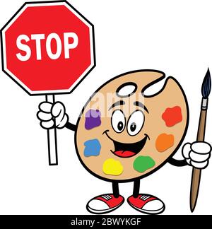Art palette Mascot con Stop Sign - un cartoon illustrazione di una Art palette Mascot con Stop Sign. Illustrazione Vettoriale