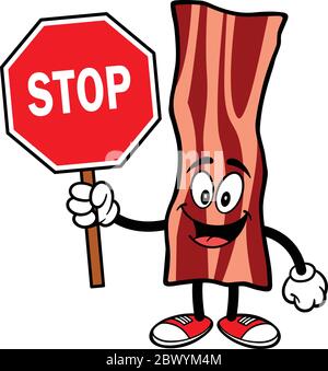 Bacon Strip Mascot con segnale di stop - un cartoon illustrazione di una Bacon Strip Mascot con un segnale di stop. Illustrazione Vettoriale