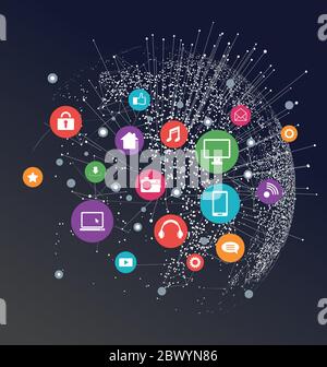 Mondo di rete, blockchain, Internet delle cose, mondo virtuale Illustrazione Vettoriale