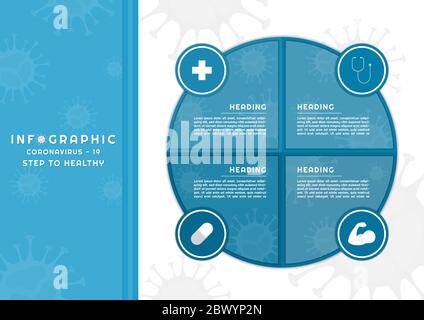 Infografica per la forma moderna del cerchio medico e l'icona di disegno coronavirus con spazio. Illustrazione vettoriale. Illustrazione Vettoriale