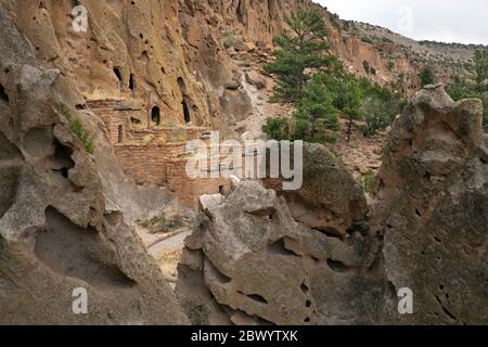 NM00461-00...NUOVO MESSICO - Antica dimora di scogliere della gente ancestrale Puebloan vista dal percorso di loop al Monumento Nazionale di Bandelier. Foto Stock