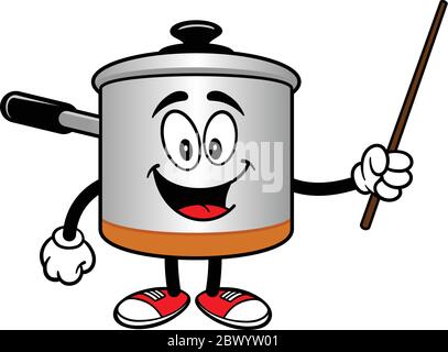 Cooking Pot Mascot with Pointer Stick - un cartoon illustrazione di un Cooking Pot Mascot con un puntatore Stick. Illustrazione Vettoriale