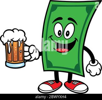 Mascotte del dollaro con birra - UN'illustrazione del cartone animato di una mascotte del dollaro con una birra. Illustrazione Vettoriale