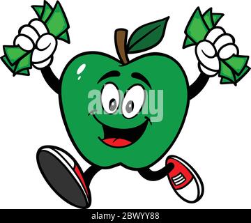 Green Apple Mascot in esecuzione con denaro - un cartoon illustrazione di una Mascot Verde Apple in esecuzione con denaro. Illustrazione Vettoriale