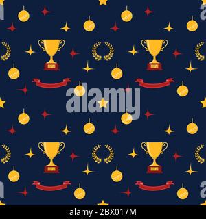 Icone di premi. Sito Web. Senza cuciture di coppa trofeo, nastri, stelle, corona d'alloro, piedistallo dei vincitori. Illustrazione vettoriale Foto Stock