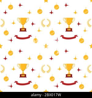 Icone di premi. Sito Web. Senza cuciture di coppa trofeo, nastri, stelle, corona d'alloro, piedistallo dei vincitori. Illustrazione vettoriale Foto Stock