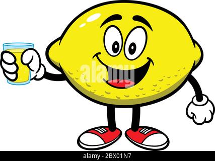 Mascotte al limone con bicchiere di succo di limone - un'illustrazione cartoon di una mascotte al limone con un bicchiere di succo di limone. Illustrazione Vettoriale