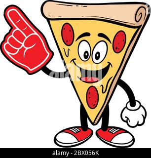 Pizza con dito di schiuma - un'illustrazione cartoon di una mascotte di pizza con un dito di schiuma. Illustrazione Vettoriale