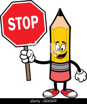 Matita con segno di stop - un'illustrazione di un cartoon di una matita con un segno di stop. Illustrazione Vettoriale