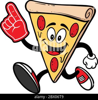 Pizza che corre con la schiuma Finger - un'illustrazione cartoon di una Pizza Mascot che corre con una schiuma Finger. Illustrazione Vettoriale