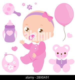 Set per la festa di compleanno e la doccia per bambini. Graziosi accessori rosa per bambina. Bimba con biberon, peluche e palloncino rosa. Foto Stock