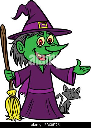 Strega con Spana- UN'illustrazione del cartoon di una strega con una Spana. Illustrazione Vettoriale