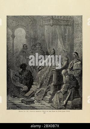 Sanuti mostra le mappe dell'Oriente a Papa Giovanni Plate XC dal libro Storia delle crociate. Con una magnifica galleria di cento incisioni a pagina intera dell'artista di fama mondiale, Gustave Doré [Gustave Dore] di Boyd, James P. (James Penny), 1836-1910. Pubblicato a Philadelphia 1892 Foto Stock