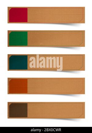 Striscioni / adesivi / badge in carta di cartone con decorazioni a stampa, isolati su sfondo bianco (Salva percorsi per lavori di progettazione) Foto Stock