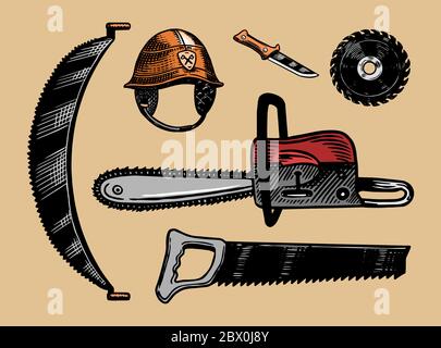 Attrezzi per tagliare alberi. Sega o motosega e casco. Strumenti domestici. Elementi disegnati a mano. Illustrazione vettoriale. Schizzo vintage monocromatico inciso. Illustrazione Vettoriale