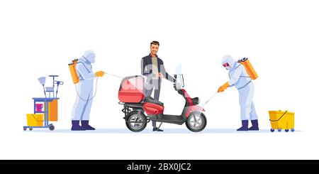 Progettazione del concetto di consegna sicura. Corriere su pacco ciclomotore o cibo durante la quarantena. La sicurezza della consegna durante la quarantena. Vettore cartoon Illustrazione Vettoriale