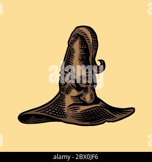Cappello magico della strega di Halloween. Abiti mitici. Disegno vintage inciso a mano. Illustrazione Vettoriale