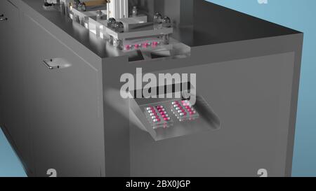 Confezione blister in capsule, concetto di produzione farmaceutica industriale. Immagine di rendering 3D Foto Stock