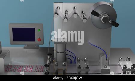 Confezione blister in capsule, concetto di produzione farmaceutica industriale. Immagine di rendering 3D Foto Stock