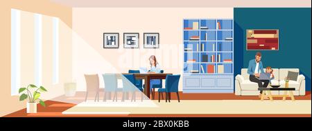 Concetto di lavoro a casa. Madre freelance con un computer portatile seduto su una sedia. Un padre e un bambino guardano un computer portatile in un accogliente interno casa. Carino Illustrazione Vettoriale