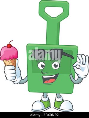 Felice faccia di verde secchio cartoon mascotte con un gelato Illustrazione Vettoriale