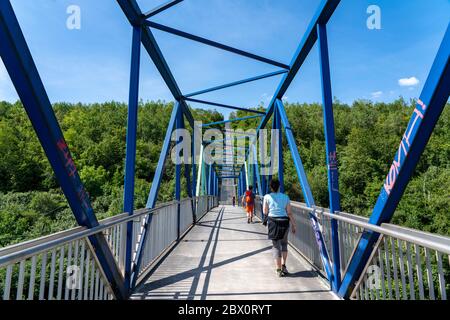 Salita attraverso le scale fino allo slagheap a Beckstrasse, Tetraeder slagheap, escursionisti, escursionisti, Bottrop, Germania, Foto Stock