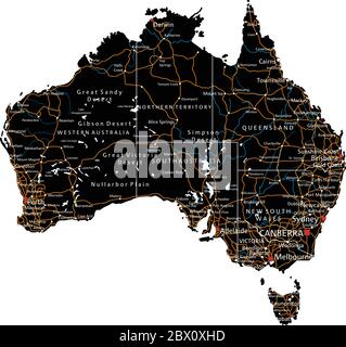 Mappa stradale australiana dettagliata con etichettatura - Nero. (chiaramente etichettato su strati separati) Illustrazione Vettoriale