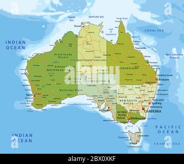 Mappa politica modificabile con livelli separati e molto dettagliata. Australia. Illustrazione Vettoriale