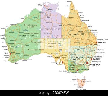 Australia - Mappa politica modificabile e molto dettagliata con livelli separati. Illustrazione Vettoriale