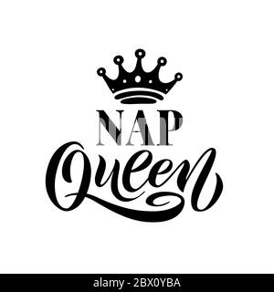 CAMERA NAP CON LETTO QUEEN SIZE. Parola con corona. Calligraphy divertente disegno da stampare su maglietta e pigiami. Scritta in oro con testo a mano con pelo queen Illustrazione Vettoriale