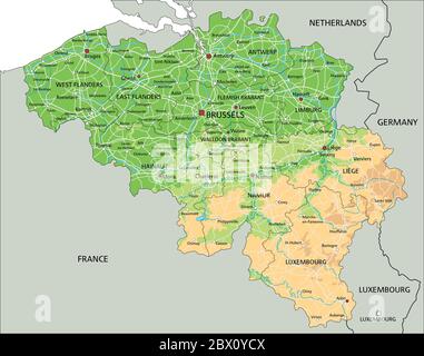 Mappa fisica Belgio dettagliata con etichettatura. Illustrazione Vettoriale