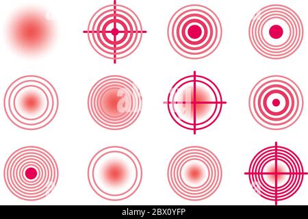 Cerchio rosso dolore o contrassegno di localizzazione, segno del luogo di afflizioni, simbolo astratto del dolore, marcatore di punti dolenti o parti del corpo ferite, elemento di progettazione per poster di informazioni mediche e pubblicitarie eps 10 Illustrazione Vettoriale