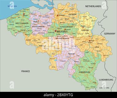 Belgio - Mappa politica modificabile e molto dettagliata con etichettatura. Illustrazione Vettoriale