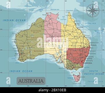 Australia - Mappa politica modificabile e molto dettagliata con livelli separati. Illustrazione Vettoriale