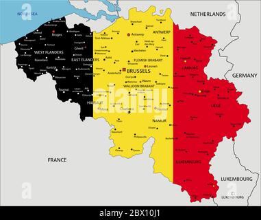 Belgio Mappa politica molto dettagliata con bandiera nazionale. Illustrazione Vettoriale