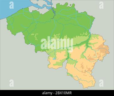 Mappa fisica del Belgio dettagliata. Illustrazione Vettoriale