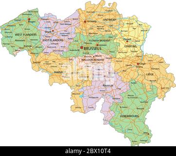 Belgio - Mappa politica modificabile e molto dettagliata con etichettatura. Illustrazione Vettoriale