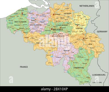 Belgio - Mappa politica modificabile e molto dettagliata con etichettatura. Illustrazione Vettoriale