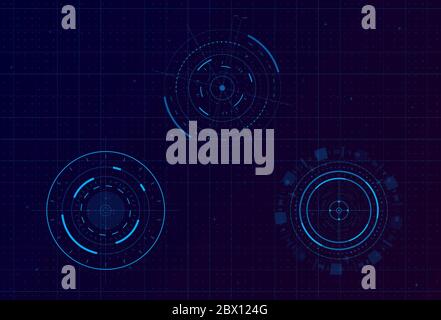 Serie di elementi infografici circolari HUD. Display head-up rotondo sci-fi per interfaccia utente futuristica HUD, UI, GUI. Tema tecnico e scientifico. Modificabile Illustrazione Vettoriale
