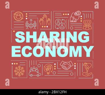 Banner sui concetti di parola sharing economy. Modello di business peer-to-peer, infografiche collaborative con economie con icone lineari su sfondo rosso. Isolato t Illustrazione Vettoriale