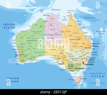 Australia - Mappa politica modificabile e molto dettagliata con livelli separati. Illustrazione Vettoriale