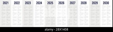 Semplice calendario impostato per 2021 - 2030 anni. Semplice calendario vettoriale verticale modificabile Illustrazione Vettoriale