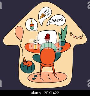 Blogger è un live broadcast sui social network. Trasmissione online, streaming. Ragazza racconta agli abbonati il suo compleanno. Illustrazione vettoriale disegnata a mano. Illustrazione Vettoriale