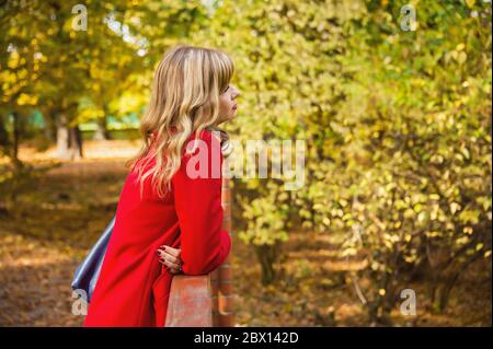 giovane donna che si sente sola sul ponte nel parco cittadino autunnale Foto Stock