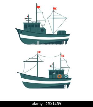 Barca da pesca, Vista laterale, Trawler da pesca commerciale, produzione industriale di pesce, trasporto d'acqua, trasporto marittimo o oceanico Illustrazione Vettoriale